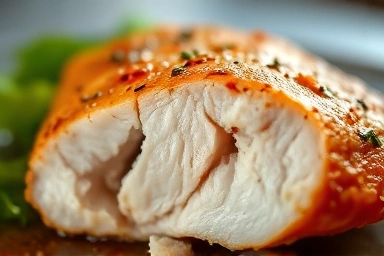 Juicy chicken breast slice, succulent texture, healthy protein